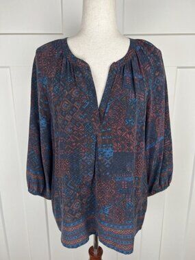 Joie 100% Silk Boho Blouse M Blue Red Aztec Print Dolman Sleeve Peasant Top